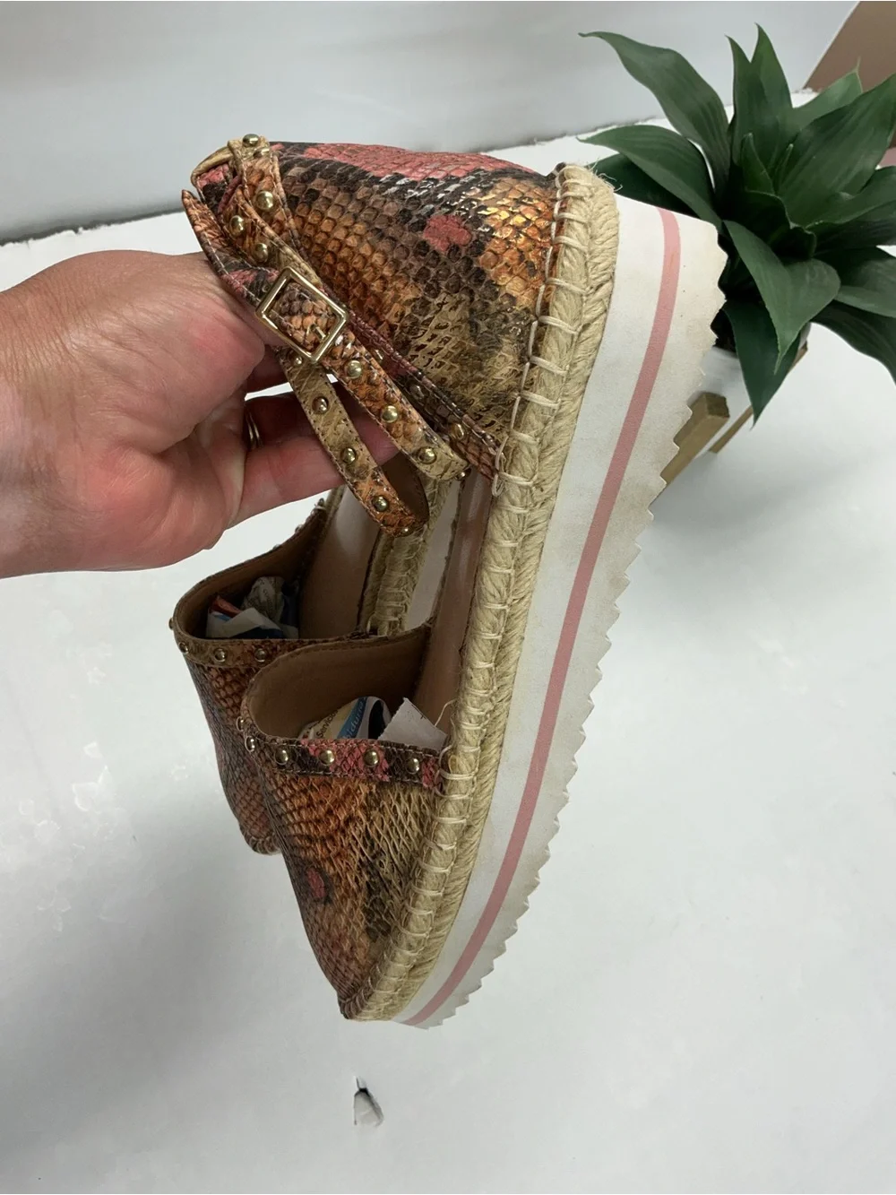 Woven Snake-Print Espadrille Flatform Sandal in Pink and Tan